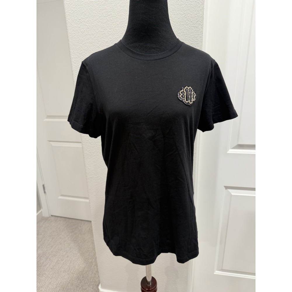 Maje Black Tee T-Shirt Embroidered & Beads Clove Patch Size 2/ Medium
